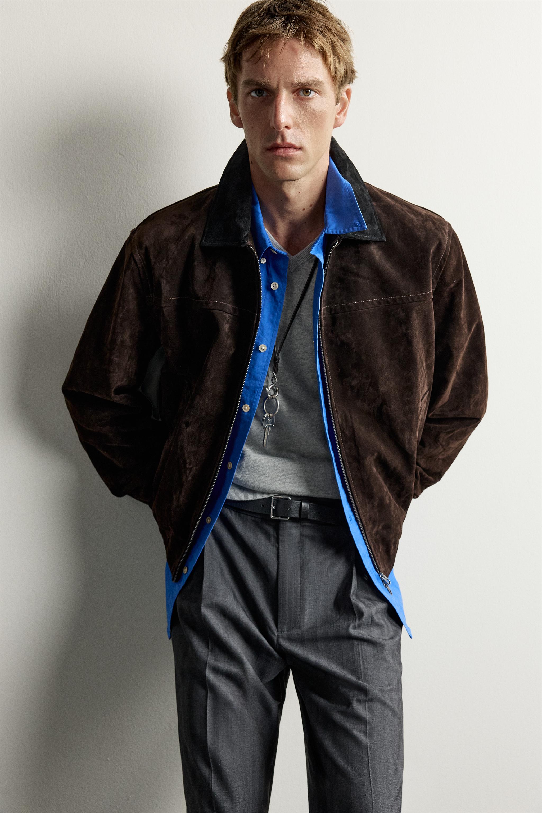 BLOUSON EN CUIR ET DAIM À COL CONTRASTE